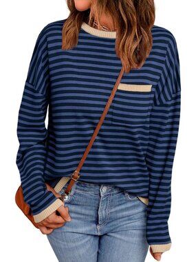 Womens Blue Striped Ribbed Cuff Oversized Crew Neck Long Sleeve Pullover Sweater